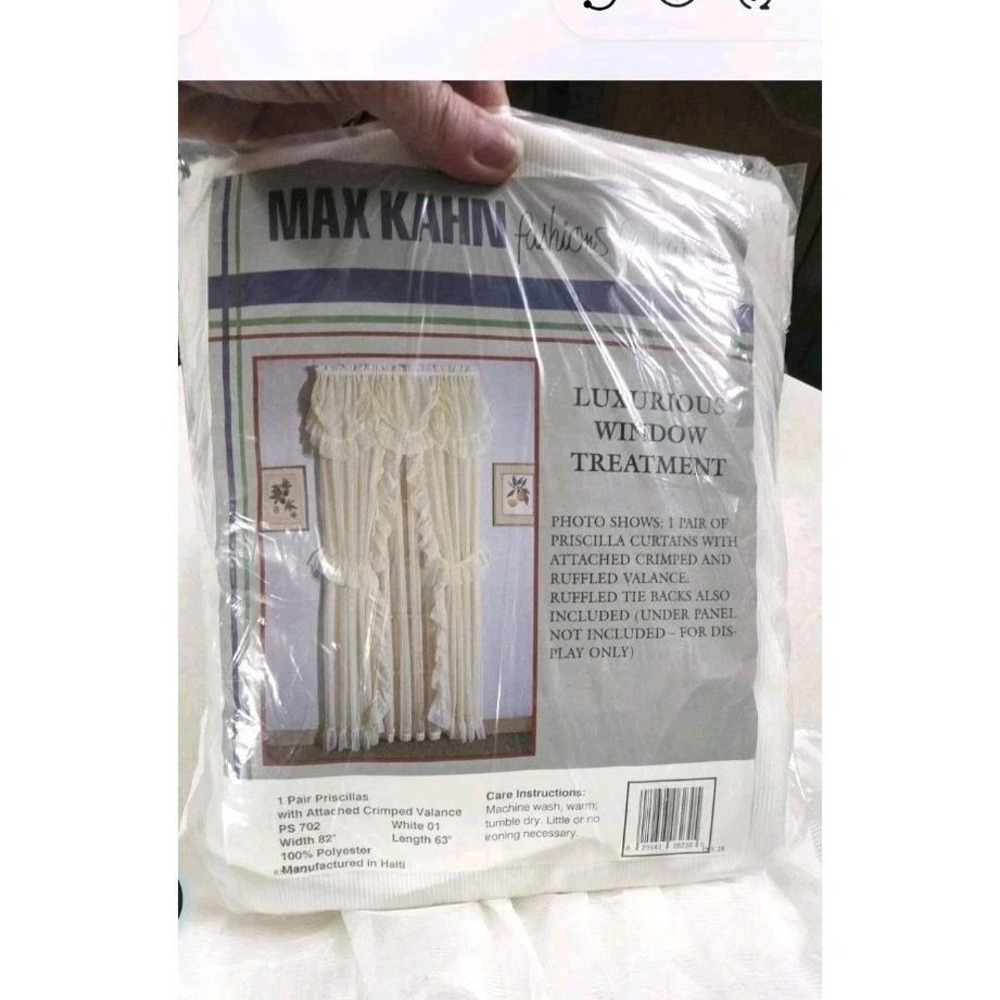 Vintage Max Kahn Priscilla Curtains White Sheer Ruffled Valance NIP 82x63 Set